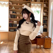 森女系原創(chuàng  )想去海邊 迷路小羊 針織拼接可愛(ài)棕色格子連衣裙 米棕色連衣裙 L