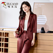 啄木鳥(niǎo)七分袖醋酸西裝套裝女2025新款夏季薄款小個(gè)子職業(yè)通勤西服外套夏 單件酒紅色西裝 M