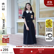 兩三事梵高文藝 梵花遺夢 2025夏季新款印花布拼接撞色翻領(lǐng)連衣裙 黑色-y L