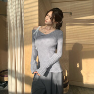 帥西歐灰色修身針織打底衫女設計感小眾辣妹氣質(zhì)斜肩長(cháng)袖上衣 灰色 S 【89斤-99斤】