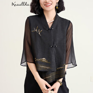 卡搭香云紗上衣女斜襟v領(lǐng)刺繡【新中式中國風(fēng)】氣質(zhì)桑蠶絲真絲襯衫女 黑色 均碼 XL （115-125斤）