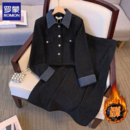 羅蒙（ROMON）套裝裙女秋冬季時尚氣質(zhì)拼接顯瘦新中式Polo領(lǐng)加絨連衣裙兩件套 加絨加厚連衣裙【兩件套】 M 適合【80-100斤】