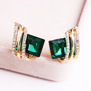 DAVA奧特萊斯清倉特價(jià)18K金方形高級鑲鉆水晶耳釘耳環(huán)耳墜耳飾女配飾 211綠色一對