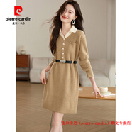 皮爾卡丹（pierre cardin）品牌高檔輕奢設計感假兩件翻領(lǐng)針織連衣裙2025女秋冬小個(gè)子顯瘦打 品牌高端新品-卡其 S
