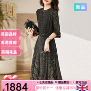 OLJ高檔品牌連衣裙女2025年秋冬新款時(shí)尚氣質(zhì)圓領(lǐng)花瓣袖A字中長(cháng)裙子 黑底紫花 M 適合80-105斤