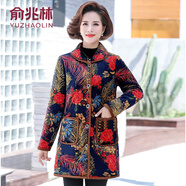 俞兆林（YUZHAOLIN）媽媽冬裝加絨加厚中長(cháng)款棉衣大碼中年中老年人女裝棉服外套花棉襖 羽毛花 5XL 建議145-160斤