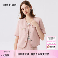 LIME FLARE朗姿集團萊茵福萊爾法式小香風(fēng)西裝短外套織帶短袖上衣 淡粉色短外套 M