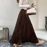 絲絨半身長(cháng)裙褶皺冬款新款寬松顯瘦a字百褶裙垂墜感傘裙百搭時(shí)尚 咖色 均碼 80-150斤