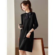 拉夏貝爾（La Chapelle）輕熟優(yōu)雅風(fēng)飄帶蝴蝶結針織連衣裙女秋冬中長(cháng)款打底毛衣裙氣質(zhì)內搭 黑色 L 105-120斤