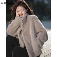 她芙（tafu）品牌女裝皮草外套女短款2025年冬季新款水貂絨保暖皮毛一體大衣 灰色 M 推薦108-122斤