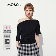 MO&Co.短袖上衣夏含莫代爾設(shè)計感一字領(lǐng)捏褶寬松MBE2TOPT07 黑色 S /160
