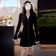 園翌大碼法式氣質(zhì)黑色收腰針織連衣裙女早秋胖mm顯瘦內搭打底裙子 黑色【超好看連衣裙/正式場(chǎng)合氣質(zhì)裙子/彩色藝術(shù)生連 M 建議90-100斤