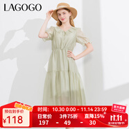 LAGOGO【萊賽爾】荷葉邊系帶連衣裙女拉谷谷夏新款收腰泡泡袖裙子 淺綠色(L8) S