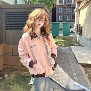 哈魯迪工裝夾克外套女明星同款秋冬新款美式拼接撞色翻領(lǐng)棒球服外套上衣 粉色 M （80-100斤）