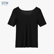 STW.SOTOWELL皮膚衣女隱形超薄冰絲無(wú)痕肉色肌底衣長(cháng)袖打底衫低領(lǐng)隱身內搭秋衣 WB110 上衣 黑色（薄如蟬翼） 短袖款 L