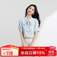 伯德小姐藍色蝴蝶結(jié)襯衫女設(shè)計感系帶短袖上衣氣質(zhì)通勤職業(yè)白領(lǐng)襯衣