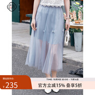 固執(zhí)（OBSTINATE）【特價(jià)】2025夏季法式高級(jí)下半身裙女藝術(shù)感網(wǎng)紗緞面蝴蝶結(jié)半裙 灰藍(lán) L