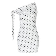 shemoda歐美風(fēng)波點(diǎn)印花斜領(lǐng)系繩吊帶無(wú)袖連衣裙女彈力修身包臀裙 白色 S