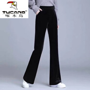 啄木鳥(niǎo)（TUCANO）黑色長(cháng)褲子女2026新款金絲絨微喇褲女秋冬高腰垂感寬松絲絨微喇褲 黑色不加/絨【微喇叭】 2XL 建議125-135斤