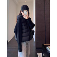 鹿王戀雪輕薄羽絨棉服女2025秋冬季新款針織拼接假兩件連帽棉襖保暖外套 黑色 M 90-110斤