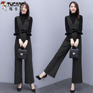 啄木鳥(niǎo)氣質(zhì)名媛毛呢連體褲套裝女神范秋冬新款墜感闊腿背帶褲兩件套 單件深灰色單褲 S