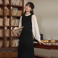 法式文藝拼色假兩件長(cháng)袖系結連衣裙中長(cháng)款2025春裝新款百搭長(cháng)裙子 黑色 M