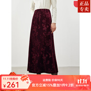 ZXEGI春裝新款好品質(zhì)絲絨半身裙女國(guó)風(fēng)潮流竹韻壓花光澤感半裙 酒紅色 S