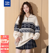 唐獅（TonLion）2025秋冬女半開襟拉鏈費爾島提花毛線衫 米白 S