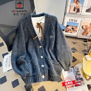 AEMAPE小熊毛衣開衫女外套2025春新款女裝衣服寬松溫柔秋冬季針織上衣 黑灰色D款 均碼 (80-140斤拍)