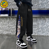 G.DUCKKIDS小黃鴨童裝男童褲子夏季新款兒童防蚊褲純棉薄款中大童休閑衛褲潮 小熊黑色-春秋款 150 尺碼10-11歲【140-150cm】