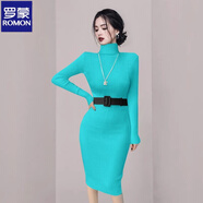 羅蒙（ROMON）百搭秋冬高領(lǐng)緊身針織裙包臀連衣裙收腰顯瘦女打底中長(cháng)款內搭毛衣 藍色(配腰帶) 均碼