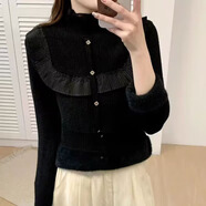 香影純蕾絲半高領(lǐng)加絨加厚毛衣女內搭2024新款秋冬一體絨針織打底衫上衣 黑色 M  (建議95-105斤)