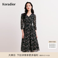 珂萊蒂爾秋季時(shí)尚優(yōu)雅黑色印花七分袖A字連衣裙中長(zhǎng)款女 黑色 M