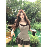 HE&MEMejiu蜜九【可可拿鐵】真兩件純欲蕾絲連衣裙女夏季收腰設計裙子 短袖罩衫 S