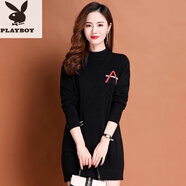 花花公子（PLAYBOY）女秋冬中長(cháng)款打底毛衣圓領(lǐng)百搭套頭低領(lǐng)針織羊毛衫大碼 黑色 XL