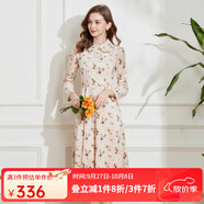 經(jīng)典故事（JANE STORY）法式復古印花連衣裙女2024年秋冬新款娃娃領(lǐng)打底配大衣內搭長(cháng)裙 杏粉花 L