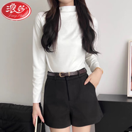 浪莎（LangSha）毛呢短褲女秋冬外穿冬天高腰冬季a字闊腿咖色西裝加厚打底五分褲 黑色配腰帶 XS 建議65-79斤