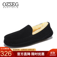 OZZEG澳洲豆豆鞋男士冬季休閑棉鞋保暖加絨羊皮毛一體磨砂駕車(chē)真皮鞋 黑色 41