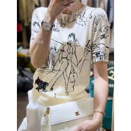 春季新款精紡超薄微透針織長(cháng)袖女小眾設計感開(kāi)衫涂鴉毛衣外套 涂鴉圓領(lǐng)短袖 S