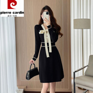 皮爾卡丹（pierre cardin）氣質(zhì)名媛女神范小香風(fēng)法式蝴蝶結黑色時(shí)尚洋氣A字裙針織連衣裙女 黑色 S