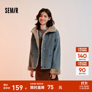 森馬（Semir）牛仔棉服女拼接毛領美式復古2024冬寬松毛邊夾克街頭潮流 牛仔黃泥染80325 S 155/80A