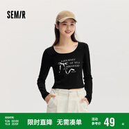 森馬長袖T恤女短款蝴蝶結字母春秋溫柔蕾絲緊身上衣107624101001