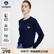 Navigare意大利小帆船圓領針織開衫女士秋冬款長袖休閑外套氣質(zhì)內(nèi)搭毛衣女 海軍藍 S 碼