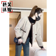 芭芙達妮小香風(fēng)羔毛外套女春秋新款加厚撞色一體羔絨短外套小個(gè)子上衣 奶杏色 L :117-130斤