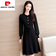 皮爾卡丹（pierre cardin）網(wǎng)紅秋冬款針織連衣裙毛線(xiàn)修身顯瘦過(guò)膝打底中長(cháng)毛衣裙a字燈籠袖 黑色 主圖款9149 M