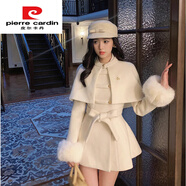 皮爾卡丹（pierre cardin）法式小香風(fēng)披肩斗篷大衣毛呢外套女秋冬感白色連衣裙兩件套裝 米白色披肩+綁帶收腰大衣 L