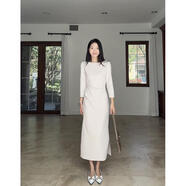 郭九九呢 氣質(zhì)極簡(jiǎn)剪裁七分袖正肩收腰抽褶顯瘦連衣裙 G924Z03183 連衣裙-米色 均碼 L(建議110-120斤左右)