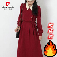 皮爾卡丹法式桔梗假兩件加絨加厚連衣裙女秋冬季大碼胖mm感超仙收腰中長(cháng)裙 連衣裙【酒紅色】 【加絨加厚】 XL 適合【120-140斤】