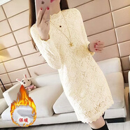 古闌迪莉蕾絲打底衫女秋冬中長(cháng)款洋氣加絨小個(gè)子大碼長(cháng)袖加厚連衣裙保暖t (身加絨)杏色蕾絲 M