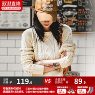 馬登女裝 復(fù)古圓領(lǐng)鏤空麻花菱格毛衣短款套頭米白色絞花針織衫 白米色 馬登工裝 M